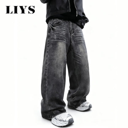 Baggy Wide-Leg Jeans Dark Gray – LIYS Unisex Retro Oversized Denim