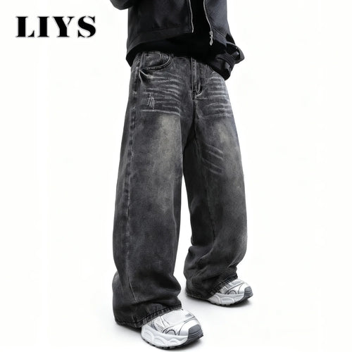 Baggy Wide-Leg Jeans Dark Gray – LIYS Unisex Retro Oversized Denim