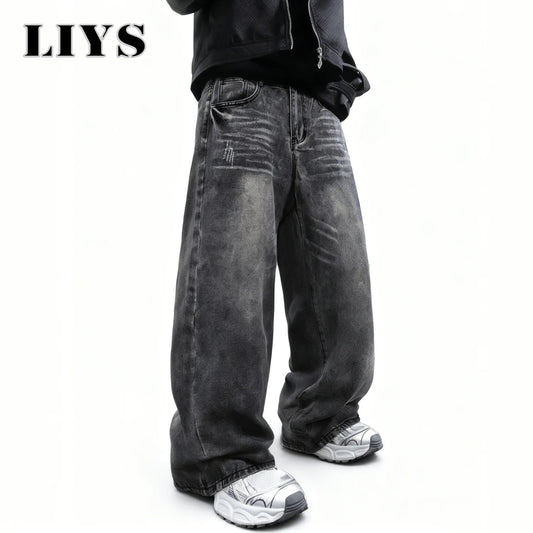 Baggy Wide-Leg Jeans Dark Gray – LIYS Unisex Retro Oversized Denim
