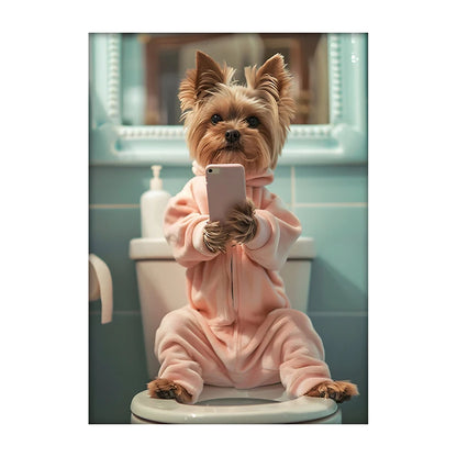 Funny Dog Bathroom Poster – Dog Reading Newspaper on Toilet Wall Art