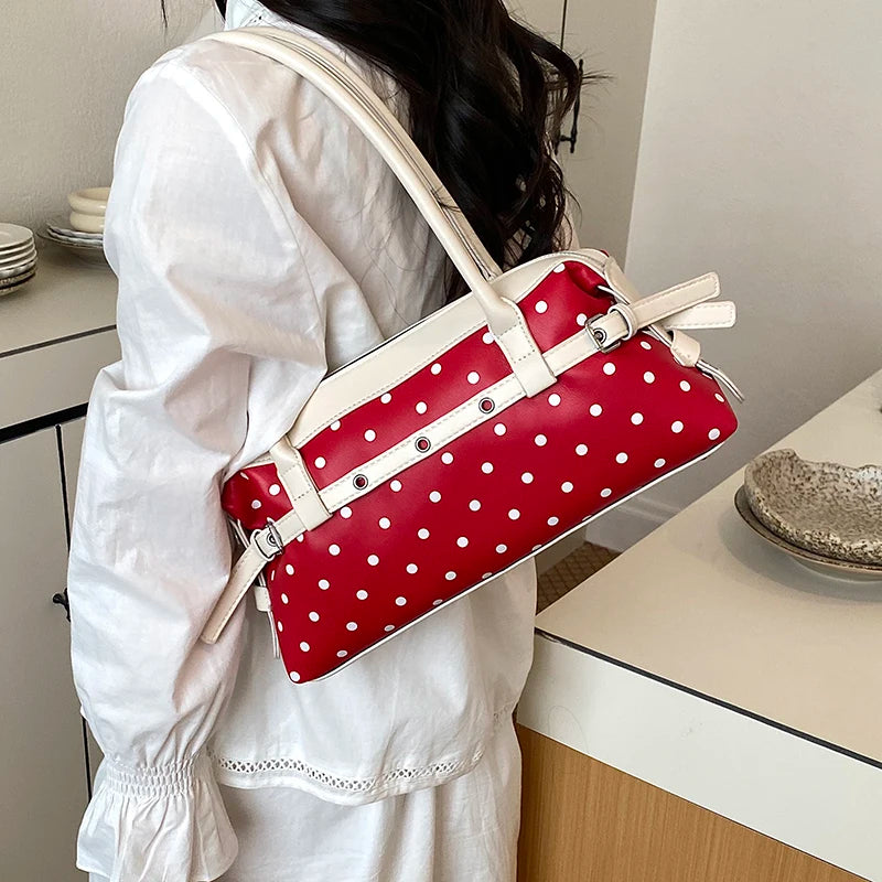 Polka Dot Top Handle Bag – Korean Style Contrast Color Crossbody