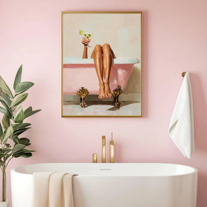 Pink Bathtub Martini Wall Art Print – Feminine Bathroom Self-Care Poster