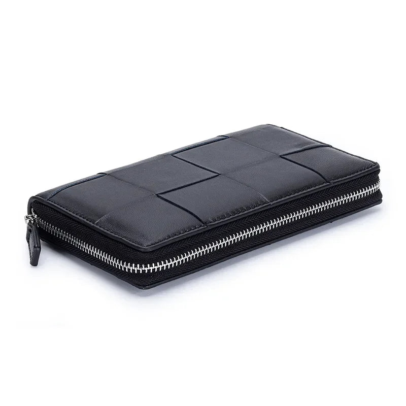 Genuine Leather Women's Long Wallet – Woven Zipper Clutch
