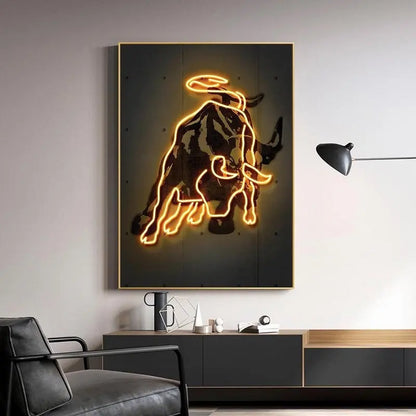 Neon Bull Canvas Wall Art Poster – Crypto Bitcoin Decor