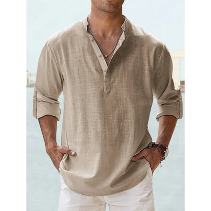 Men's Cotton Linen Henley Shirt – Long Sleeve Casual Beach Top