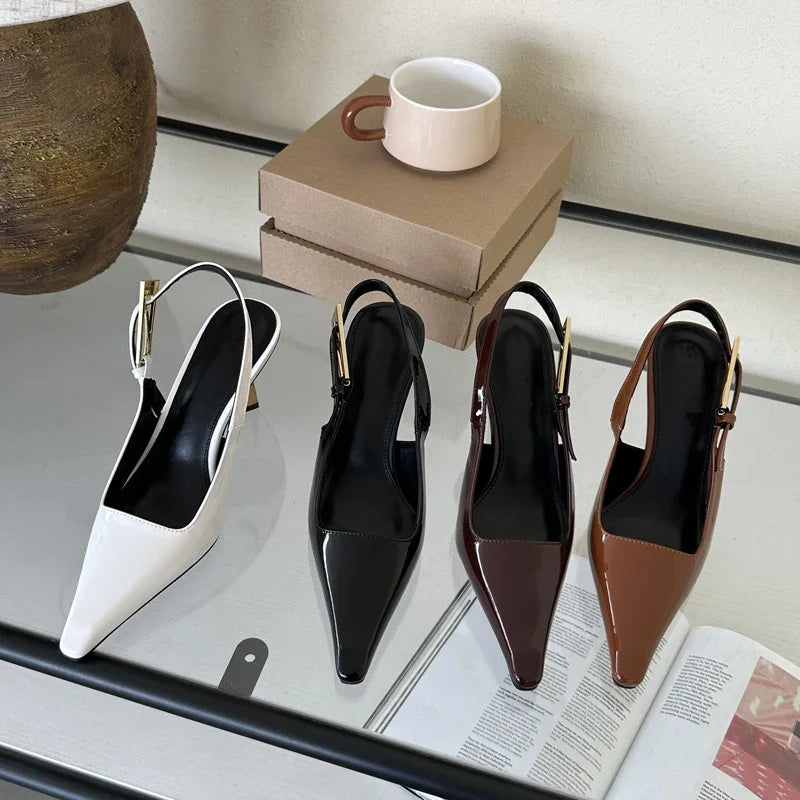 Pointed Toe Slingback Pumps with Metal Buckle Strap