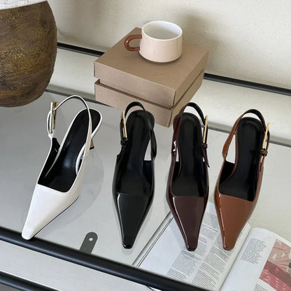 Pointed Toe Slingback Pumps with Metal Buckle Strap