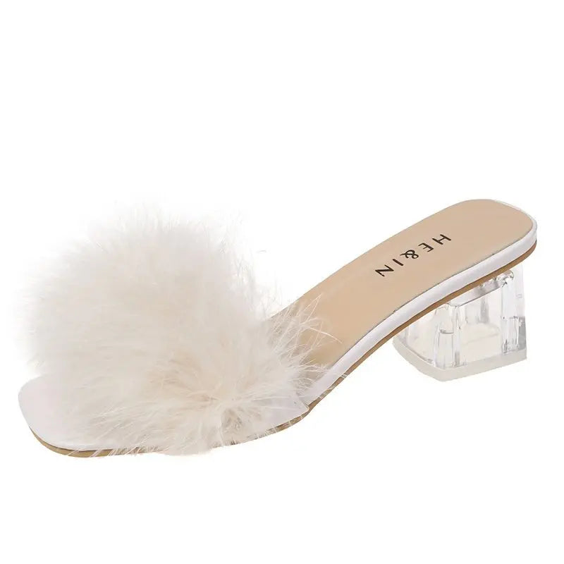Summer Fluffy Peep Toe Sexy Heels Women Shoes Fur Feather Lady Wedding Slip-On Pink Square Sandals