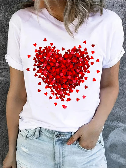 Women's Graphic T-Shirt Red Heart Print Short Sleeve Top