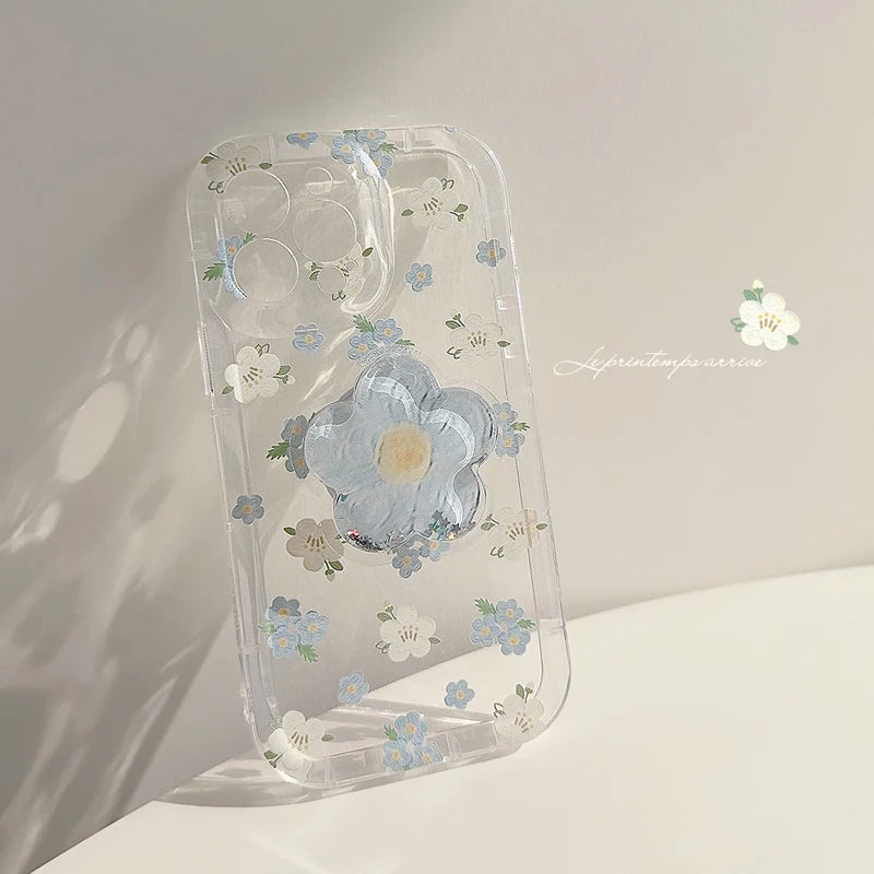 Flower Quicksand Grip Phone Case with Pop Holder – Clear Floral TPU Cover