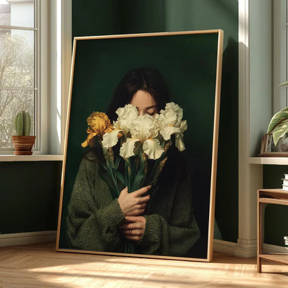 Woman with White Irises Emerald Green Portrait Wall Art Print