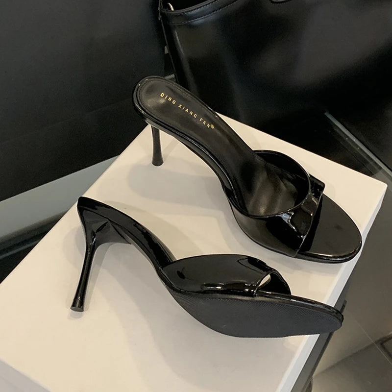 Women's Open-Toe Stiletto Heel Slides – Elegant Patent Mule Pumps