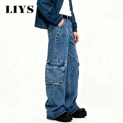 Men S Spring Blue Retro Washed Baggy Cargo Jeans Summer Male Multi Pocket Straight Tube Work Clothes
