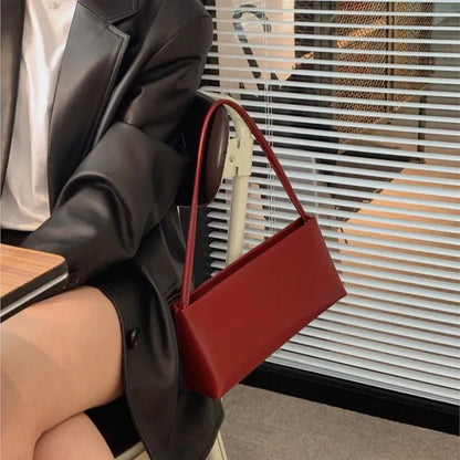 Retro Red Underarm Bag Women Simple Leather Large Capacity