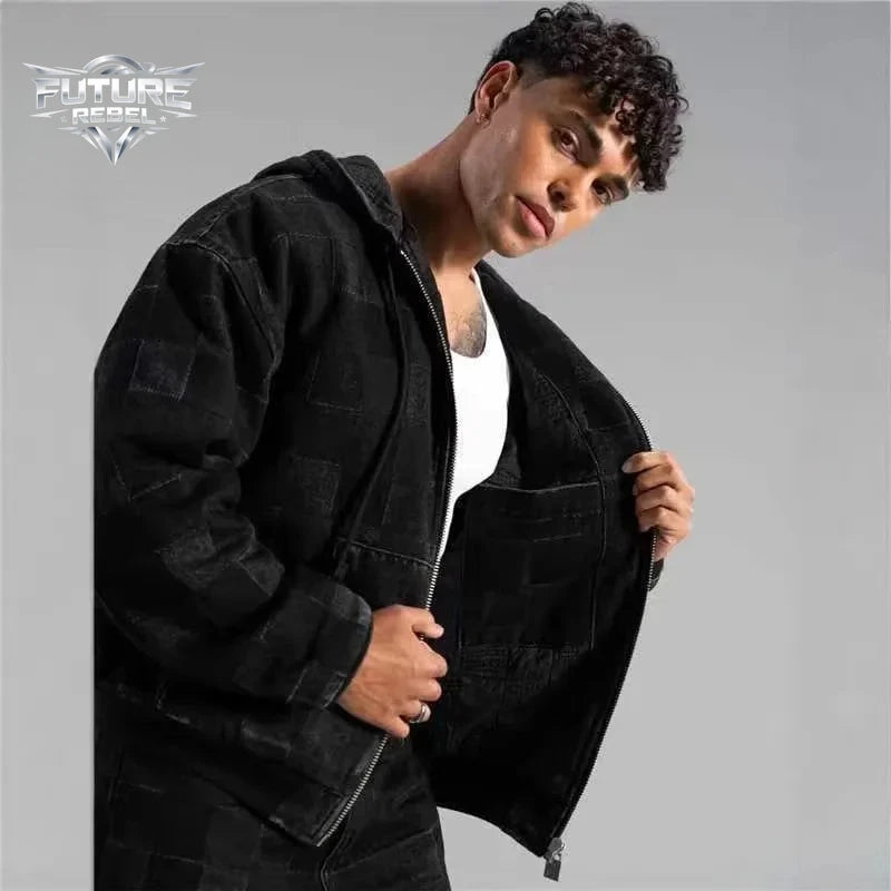 Men's Y2K Plaid Denim Jacket & Pants Set – Harajuku Streetwear Loose Fit