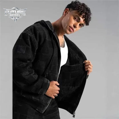 Men's Y2K Plaid Denim Jacket & Pants Set – Harajuku Streetwear Loose Fit