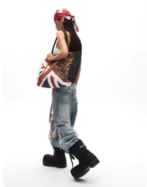 Retro Leopard Print Union Jack Chain Tote Bag
