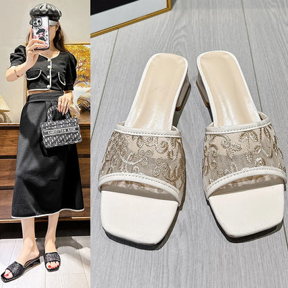 Embroidery Mesh Heeled Mules – Women's Square Toe Sandals