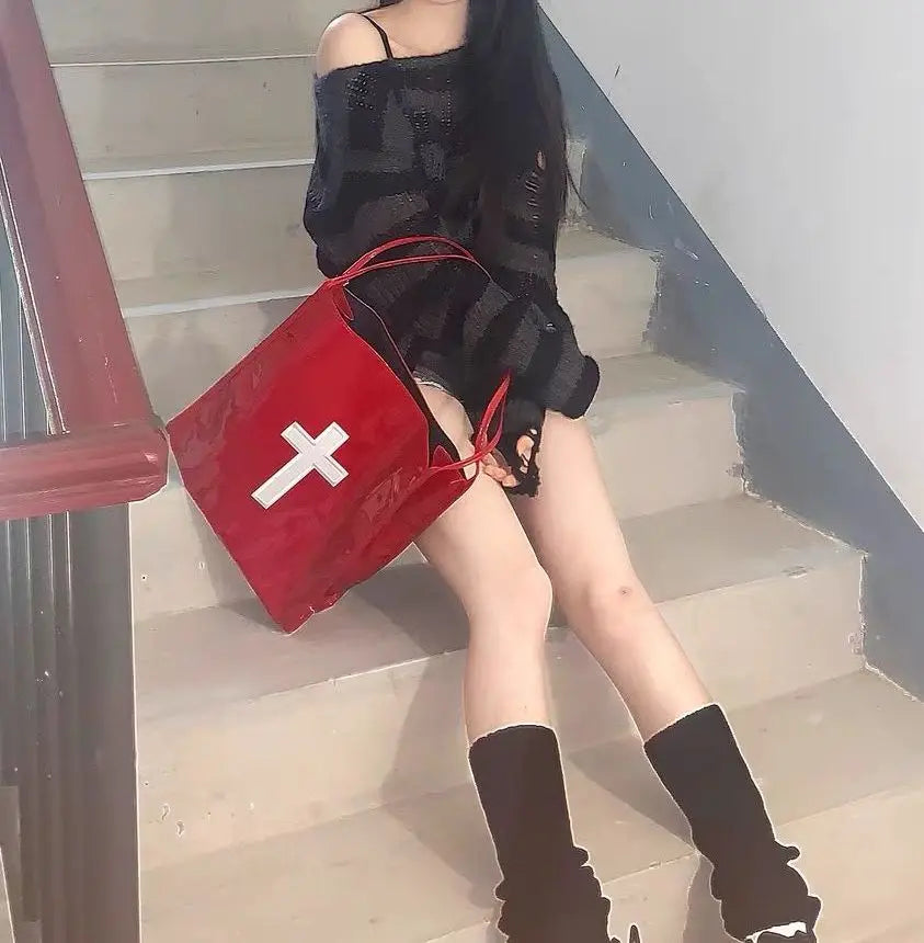 Retro Gothic Cross Y2k Handbag Women Hot Girls PU Leather Large Capacity