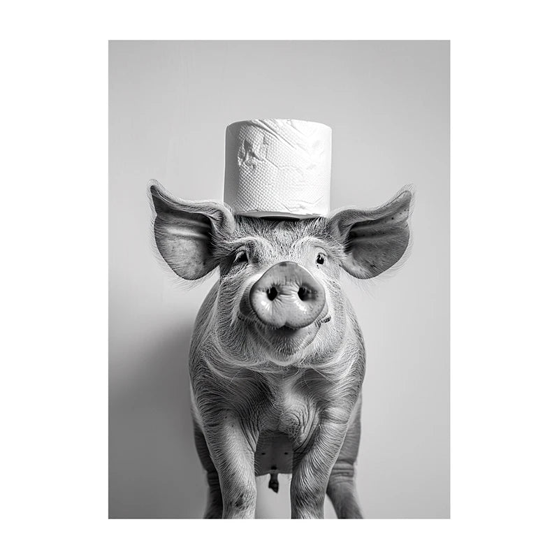 Funny Bathroom Wall Art Poster – Black & White Animal Toilet Paper Print