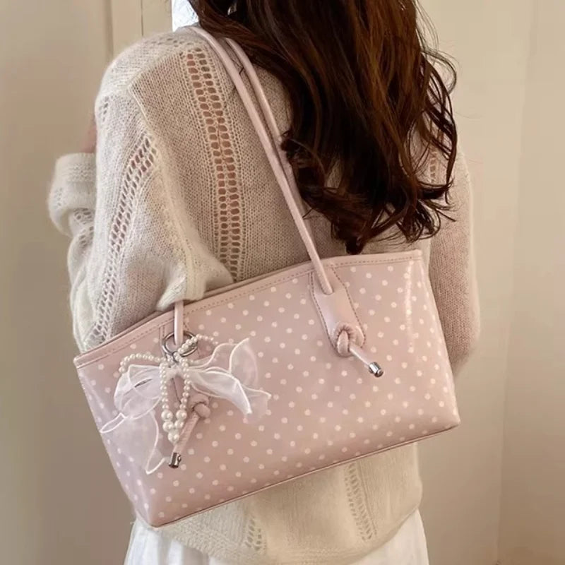 Korean Style Polka Dot For Women Elegant Underarm Bag With Pearl Bow