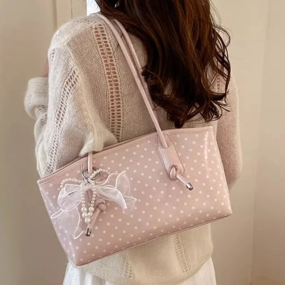 Korean Style Polka Dot For Women Elegant Underarm Bag With Pearl Bow