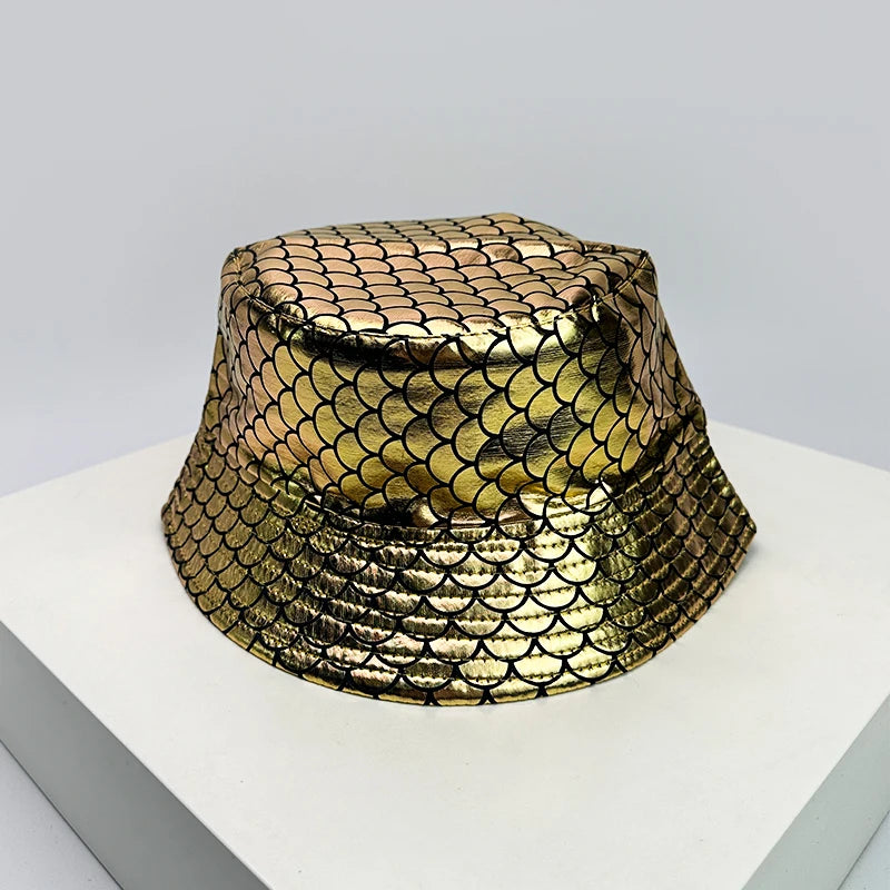 Holographic PU Leather Bucket Hat – Reflective Unisex Fisherman Cap