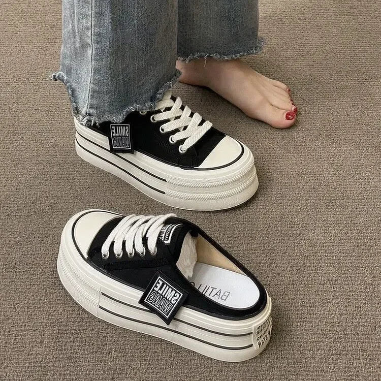 Platform Canvas Slip-On Mule Sneakers with Thick Sole