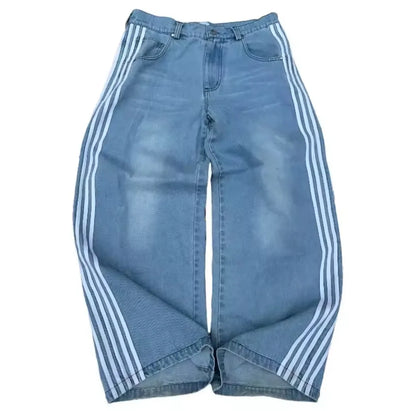 Y2K Baggy Wide-Leg Jeans with Side Stripe – Harajuku Streetwear