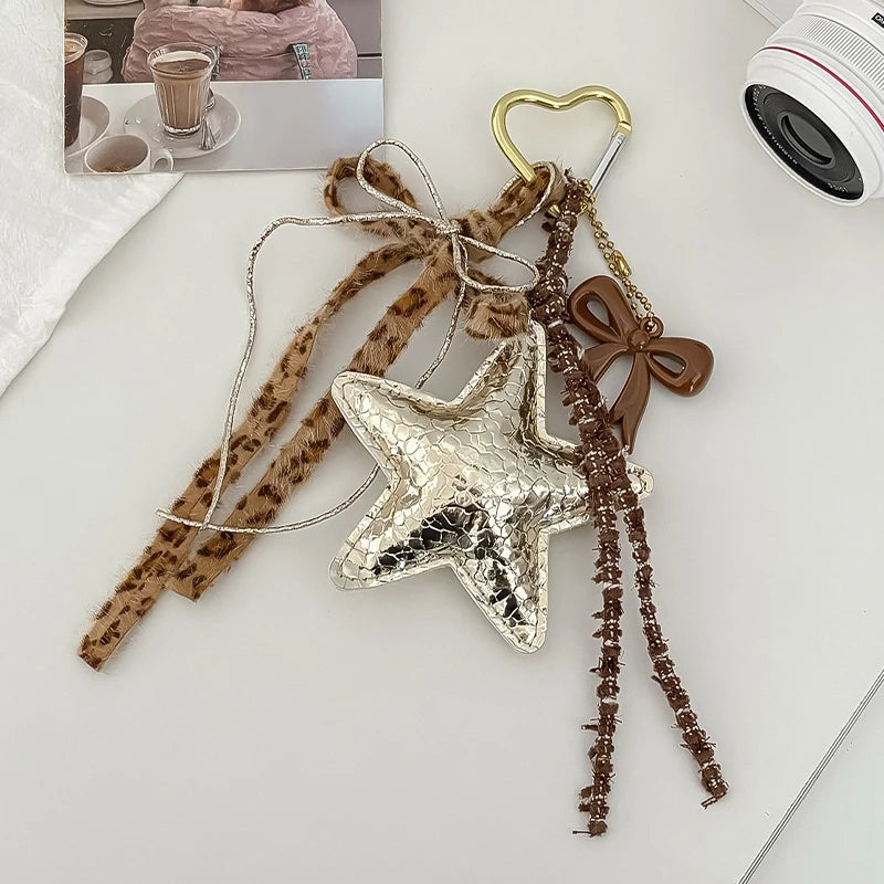 Fashion Leopard Starfish Keychain Cute Balloon Dog Leather Charm Women Maximalist Bag