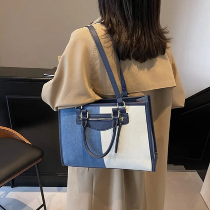Large Capacity Tote Bag for Women Casual Fashion Ladies Splice Denim Handbag
