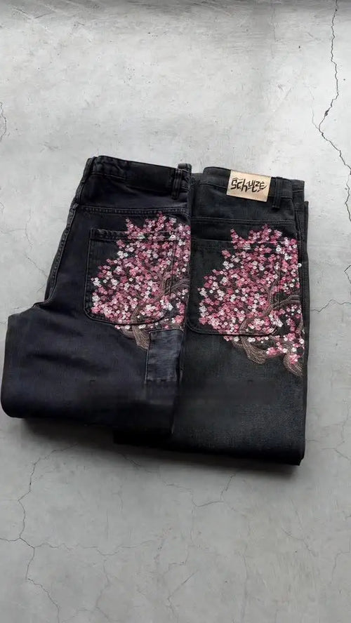 Embroidery Wide Leg Denim Jeans Y2K Harajuku Women Baggy Pants