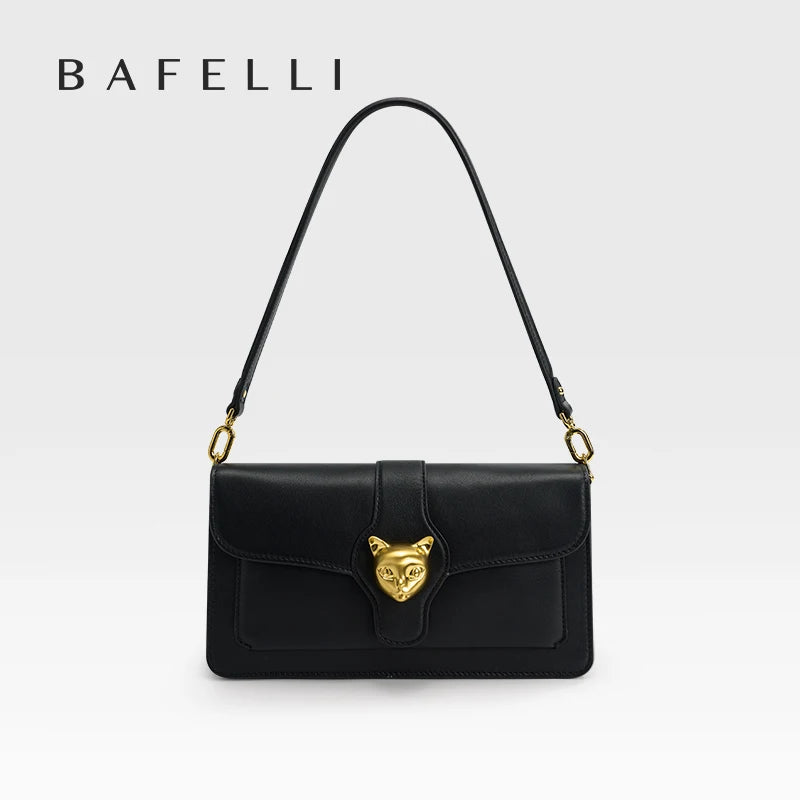 Leather Baguette Crossbody Shoulder Bag with Cat Clasp