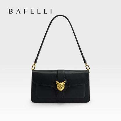 Leather Baguette Crossbody Shoulder Bag with Cat Clasp