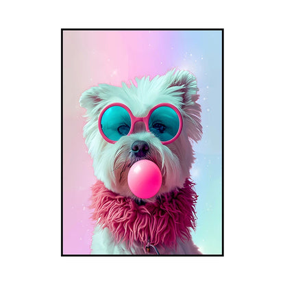 Funny Dog Bubble Gum Poster – Pomeranian with Pink Glasses Wall Art Print
