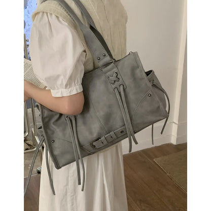 Retro Motorcycle Handbag Women Horizontal Tassel Design
