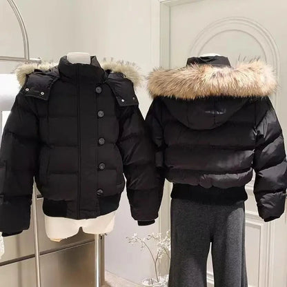 Women's Hooded Puffer Coat – Faux Fur Collar Winter Jacket