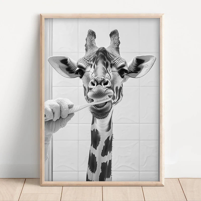 Funny Animal Bathroom Wall Art Poster – Black & White Vintage Print