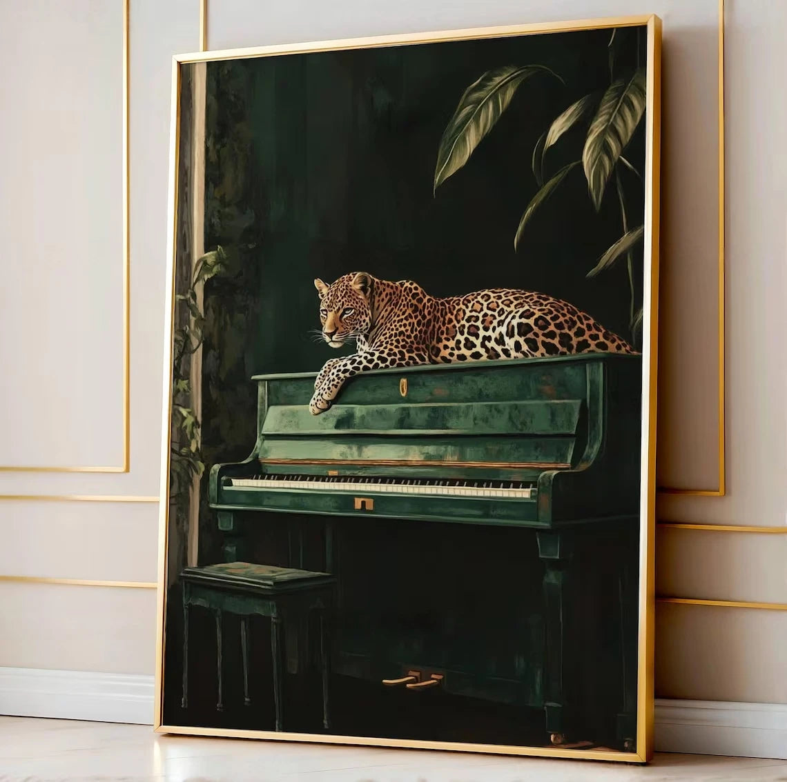 Leopard on Green Piano Canvas Print – Maximalist Jungle Wall Art