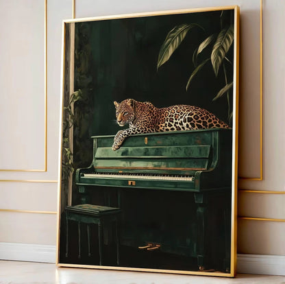 Leopard on Green Piano Canvas Print – Maximalist Jungle Wall Art