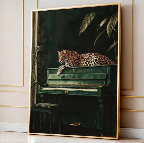 Leopard on Green Piano Canvas Print – Maximalist Jungle Wall Art