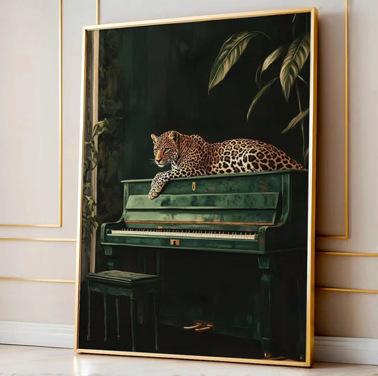 Leopard on Green Piano Canvas Print – Maximalist Jungle Wall Art