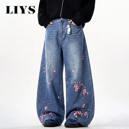 Plum Blossom Embroidered Baggy Jeans – Men's Wide Leg Denim