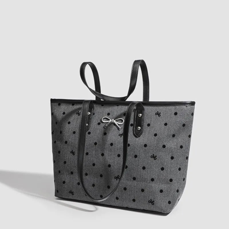 Sweet Cool Black Tote Bag Women College Style Trendy Bow Print