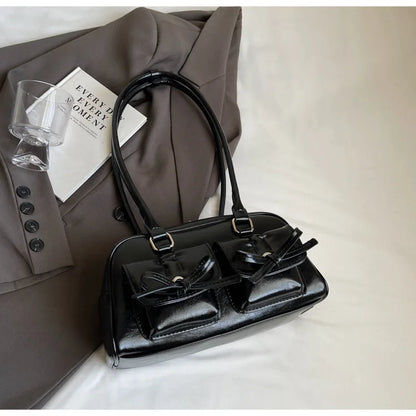 Solid Sewing Thread Fashion Glossy PU Shoulder Bags