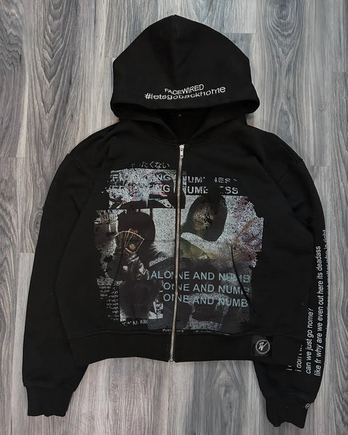 Grunge Zip-Up Oversized Hoodie – Gothic Streetwear Sweatshirt