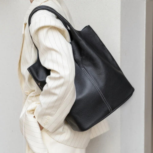Genuine Leather Bucket Tote Bag for Women