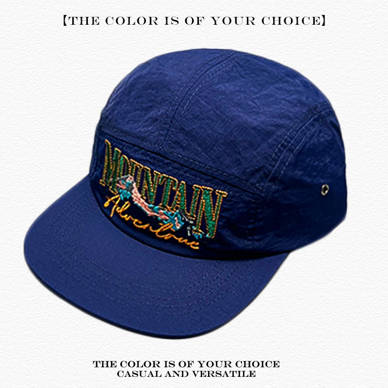 Mountain Adventure Embroidered 5-Panel Camp Cap – Quick-Dry Outdoor Hat