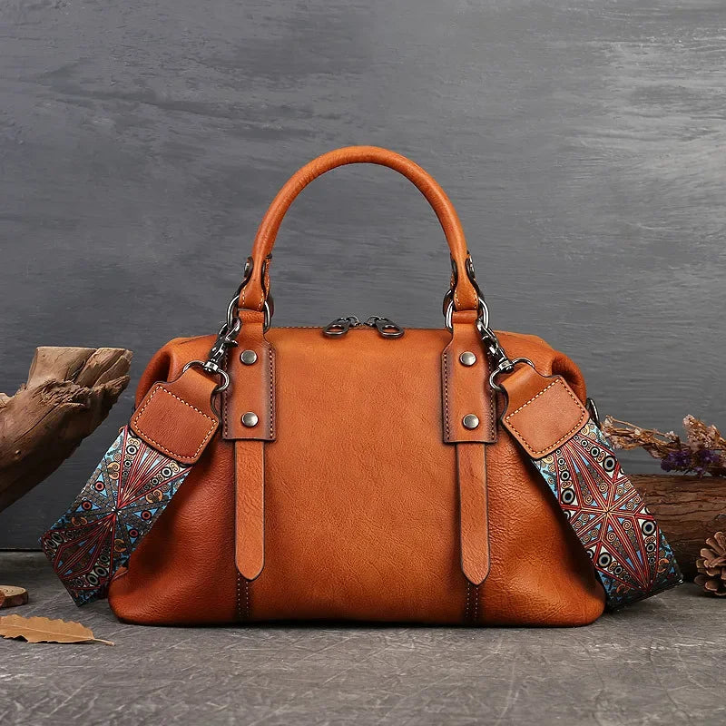 Genuine Leather Boston Bag – Women's Designer Shoulder Handbag with Wide Strap