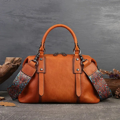 Genuine Leather Boston Bag – Women's Designer Shoulder Handbag with Wide Strap